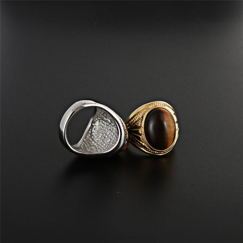 Punk Rock Titanium Steel Tiger's Eye Ring for Men - Unique European and American Jewelry