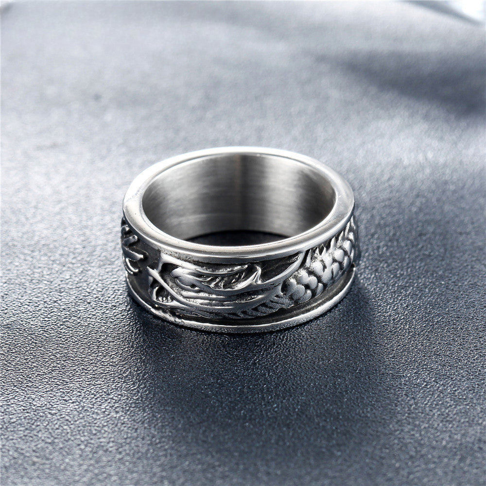 Vintage Chinese Dragon Pattern Titanium Steel Ring for Men