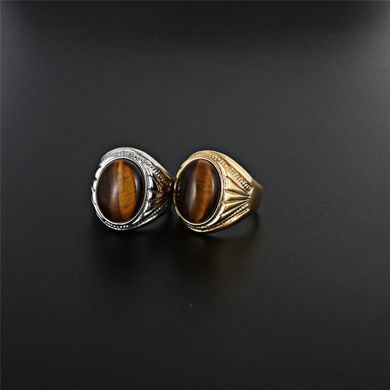 Punk Rock Titanium Steel Tiger's Eye Ring for Men - Unique European and American Jewelry