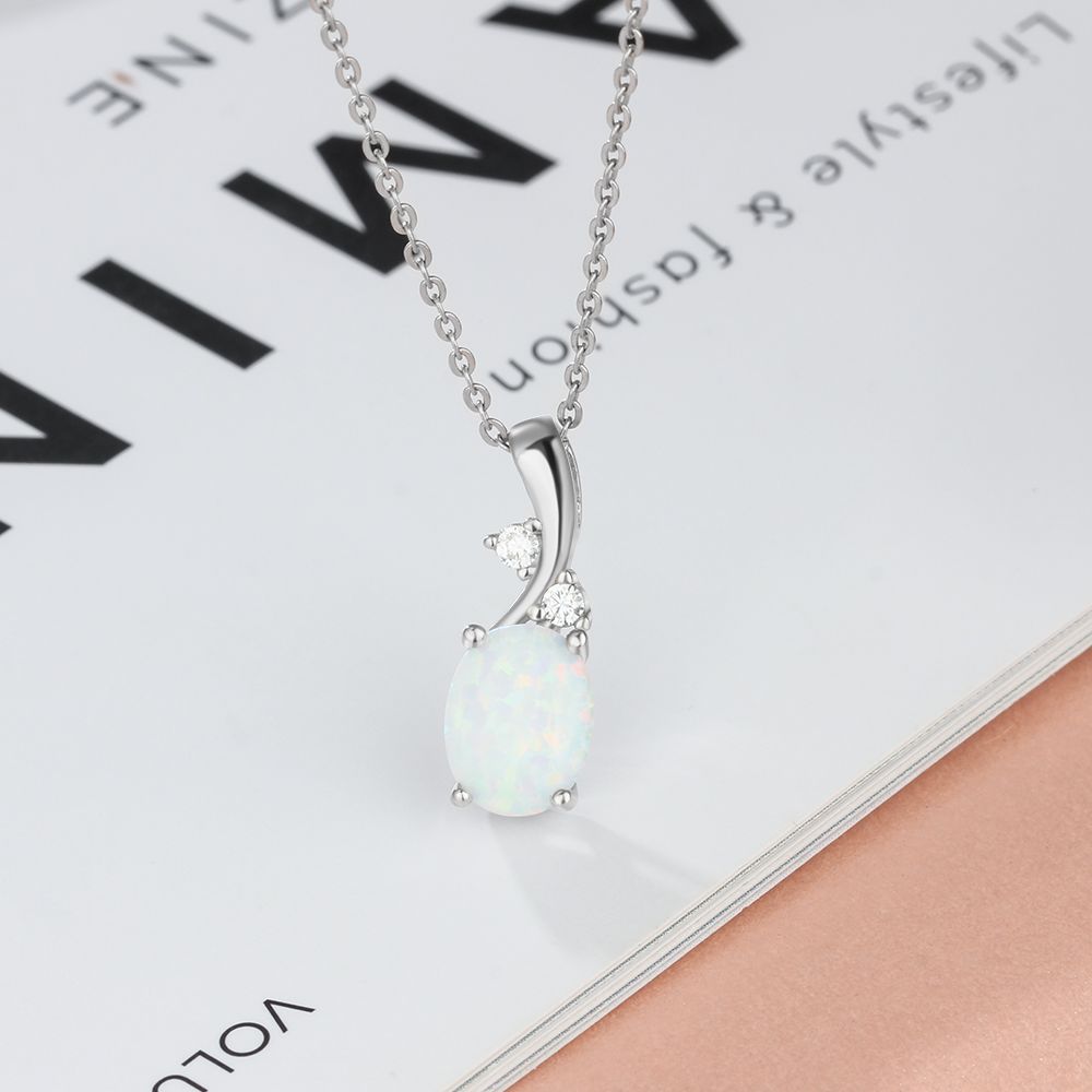 Zircon Meteor Design Oval Opal Sterling Silver Necklace