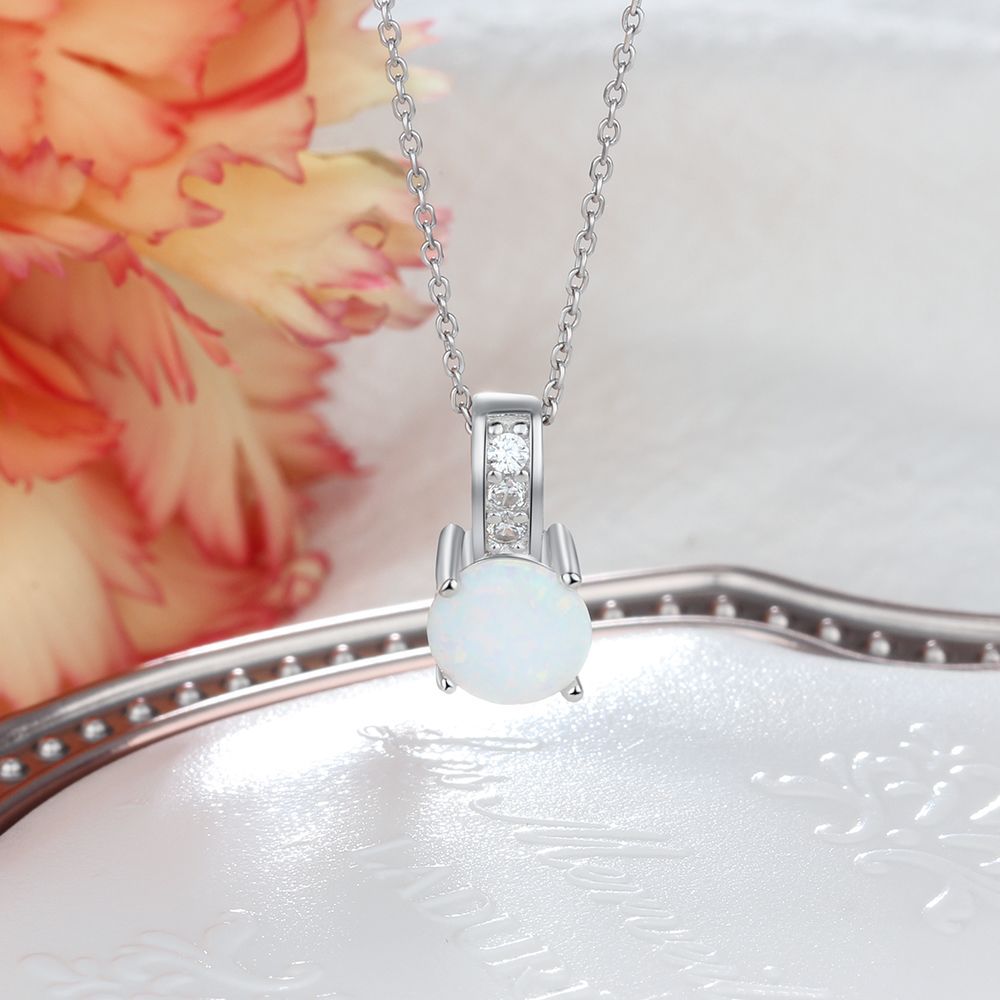 Round Opal Zircon Circle Ring Sterling Silver Necklace