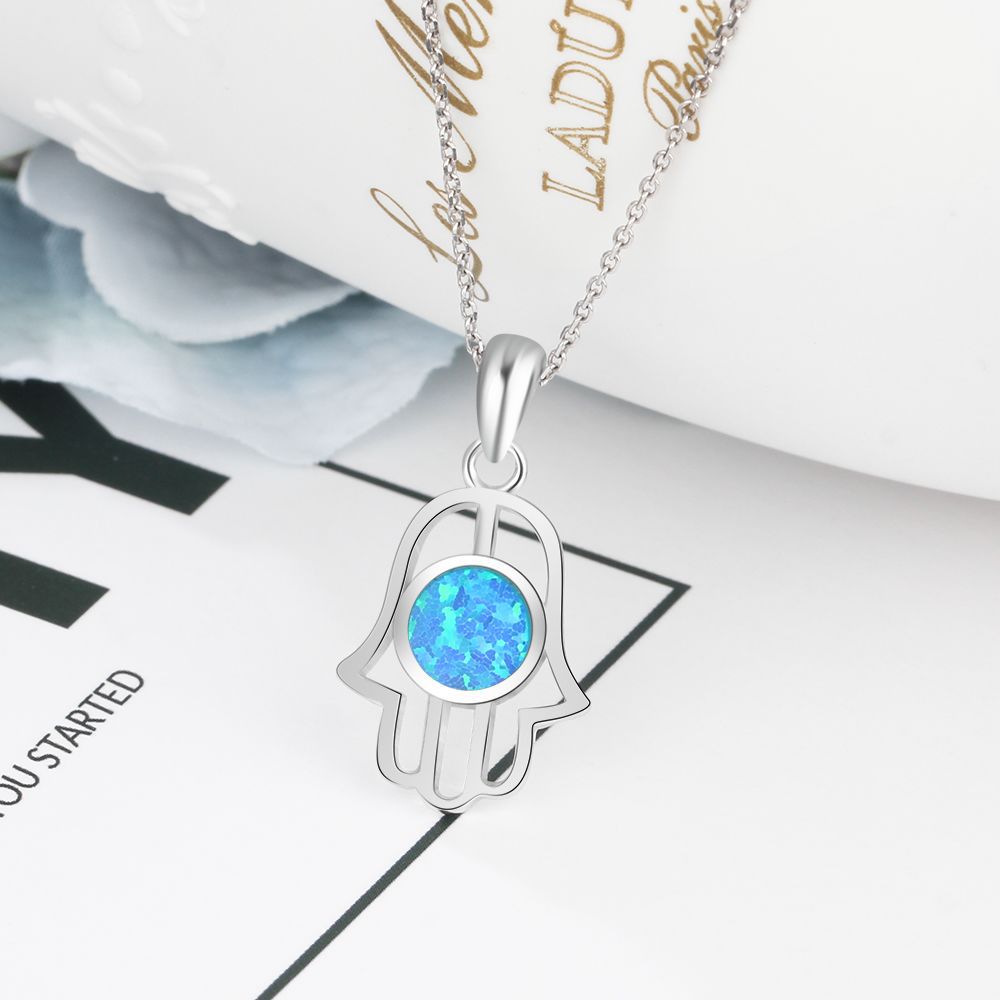 Round Blue Opal Hollow Out Palm Sterling Silver Necklace