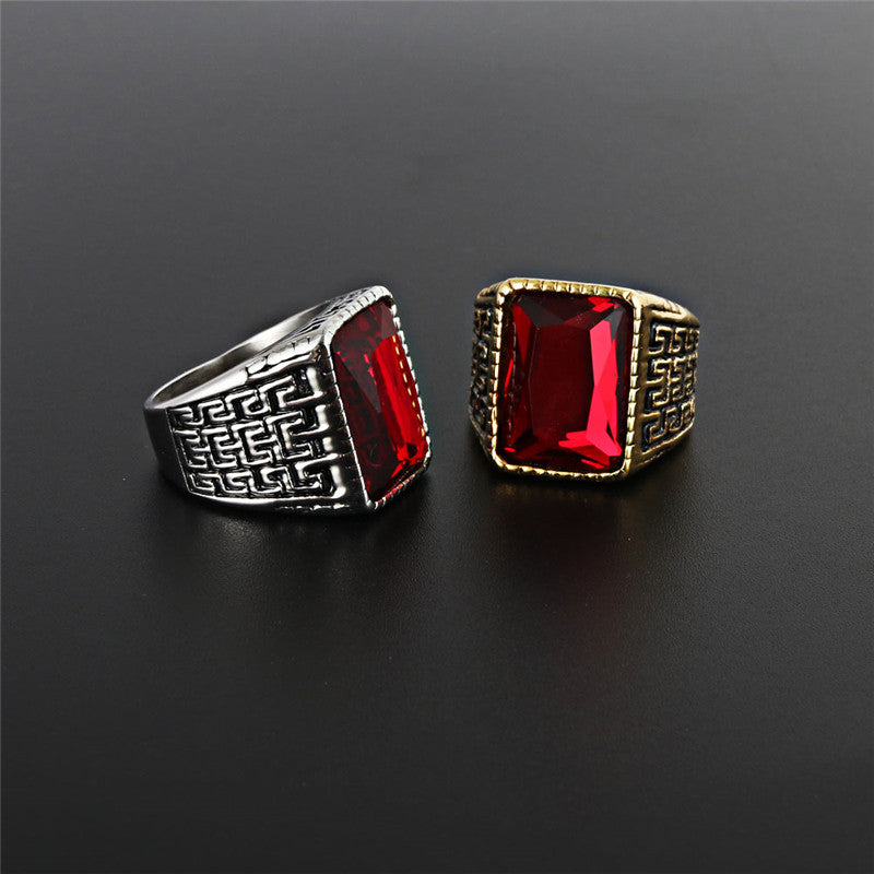 Bold Titanium Steel Ruby Ring with Great Wall Pattern for Men