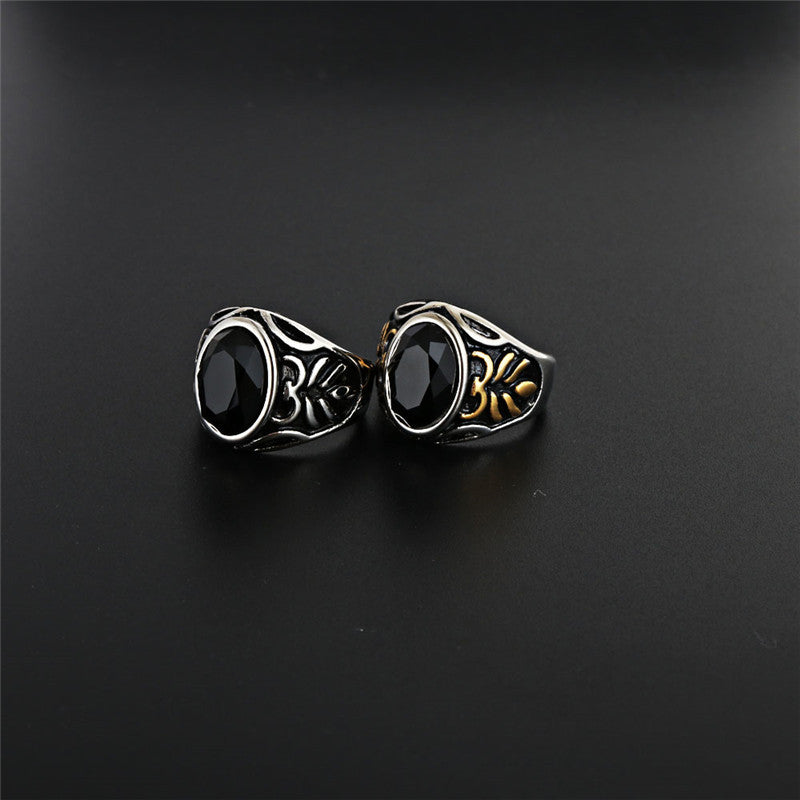 Titanium Steel Punk Rock Agate Ring with Floral Design for Men - Unique Black Jewel Accessory