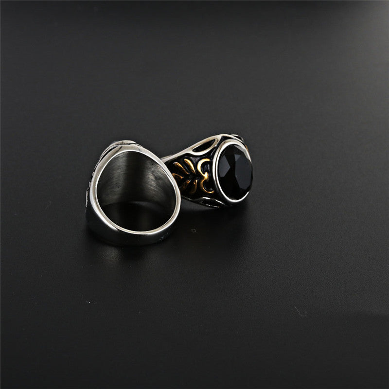 Titanium Steel Punk Rock Agate Ring with Floral Design for Men - Unique Black Jewel Accessory