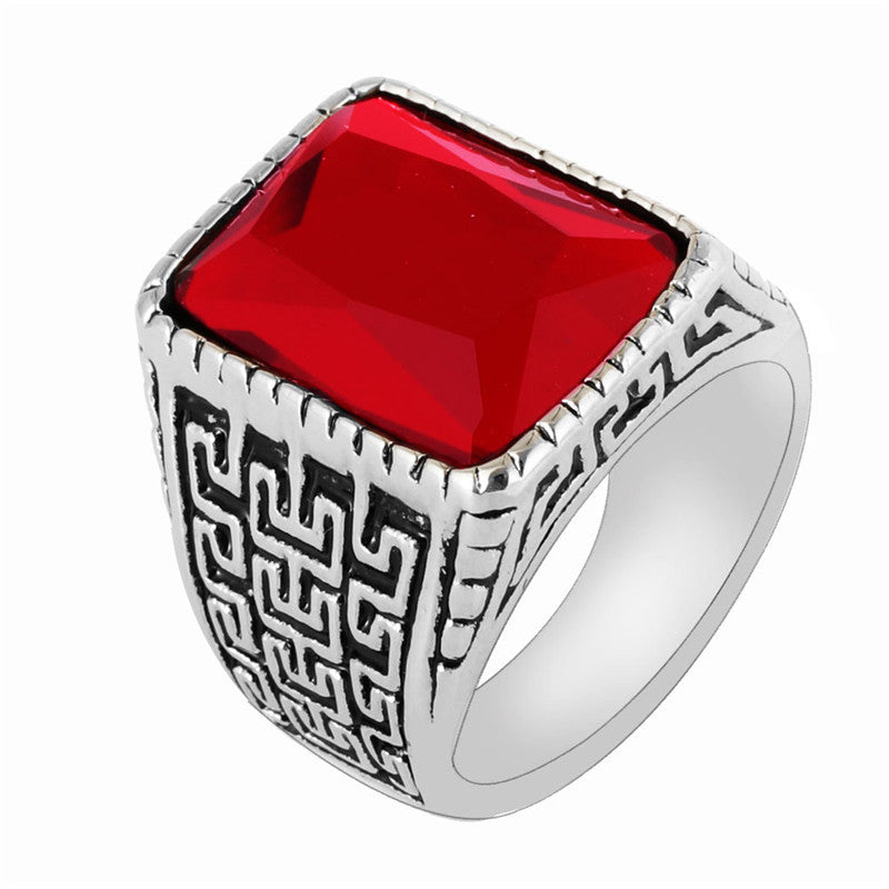 Bold Titanium Steel Ruby Ring with Great Wall Pattern for Men