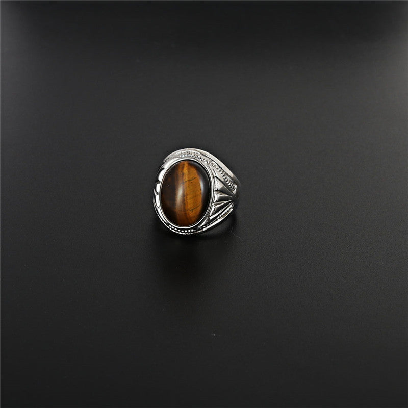 Punk Rock Titanium Steel Tiger's Eye Ring for Men - Unique European and American Jewelry