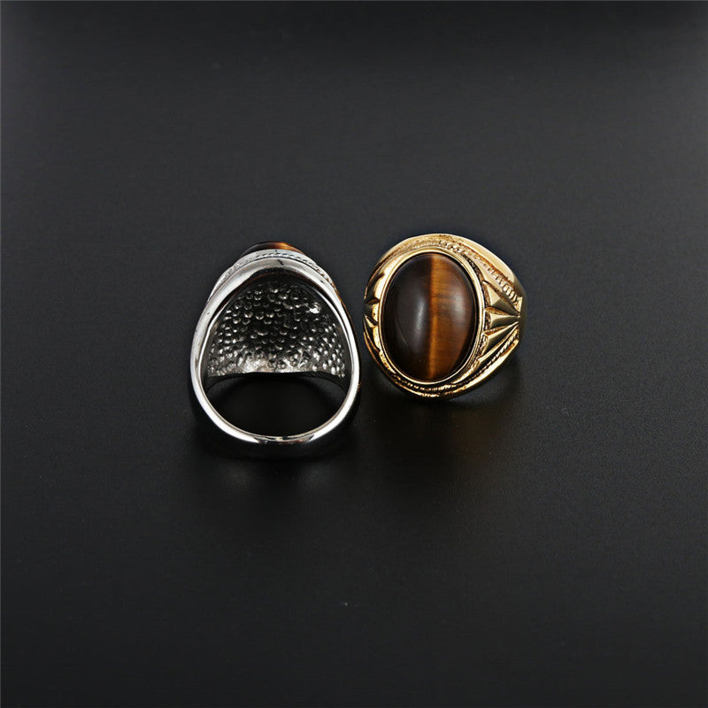 Punk Rock Titanium Steel Tiger's Eye Ring for Men - Unique European and American Jewelry