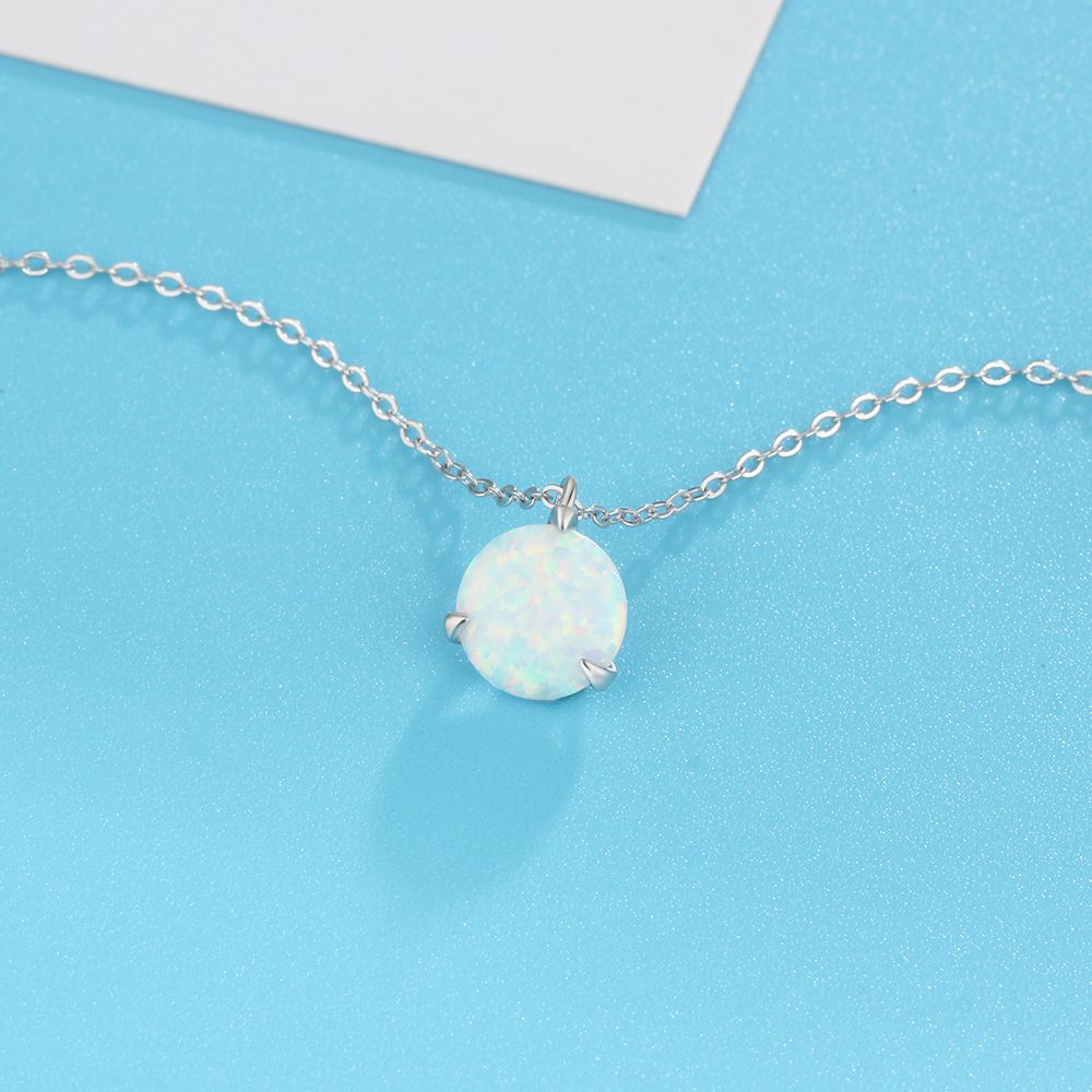 Solitaire Round Opal Sterling Silver Necklace