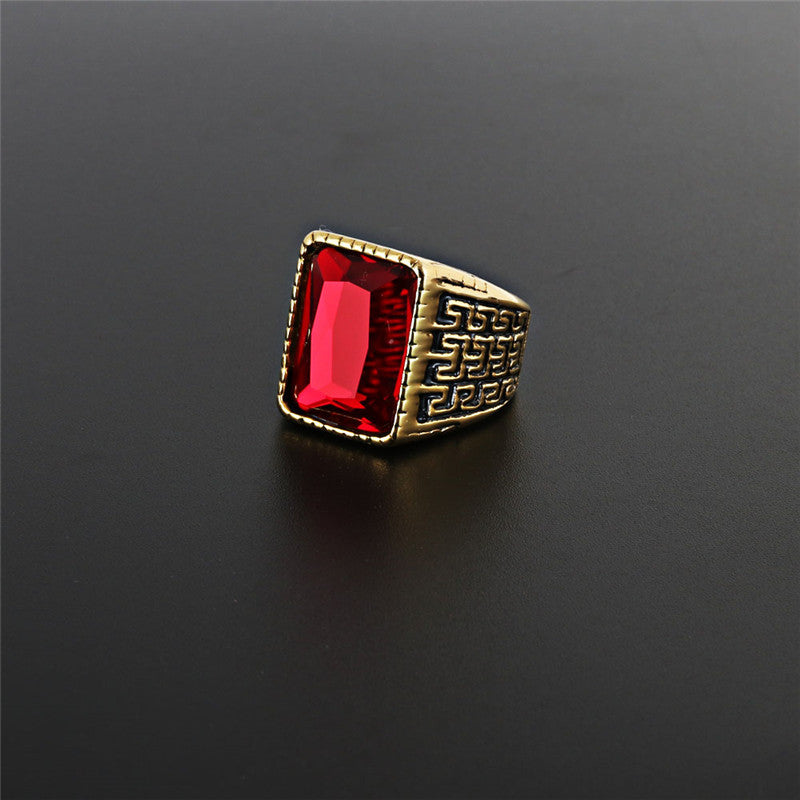 Bold Titanium Steel Ruby Ring with Great Wall Pattern for Men