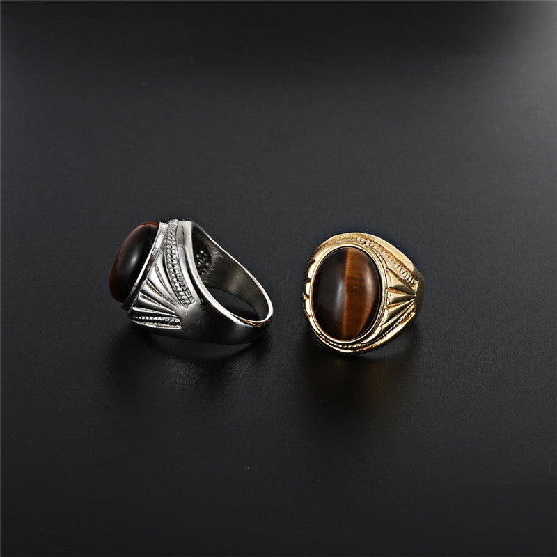 Punk Rock Titanium Steel Tiger's Eye Ring for Men - Unique European and American Jewelry