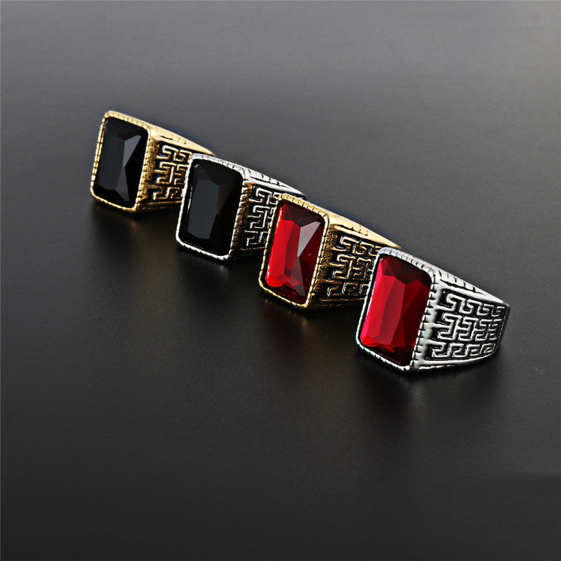 Bold Titanium Steel Ruby Ring with Great Wall Pattern for Men