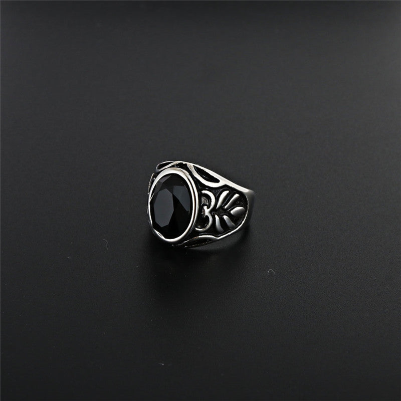 Titanium Steel Punk Rock Agate Ring with Floral Design for Men - Unique Black Jewel Accessory