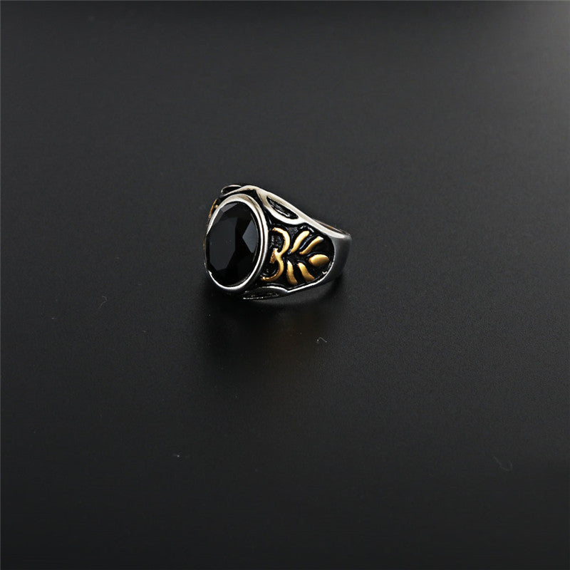 Titanium Steel Punk Rock Agate Ring with Floral Design for Men - Unique Black Jewel Accessory