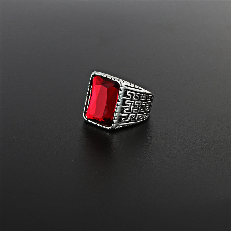 Bold Titanium Steel Ruby Ring with Great Wall Pattern for Men