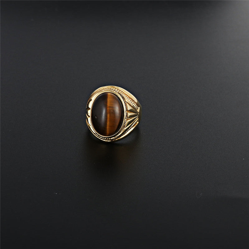 Punk Rock Titanium Steel Tiger's Eye Ring for Men - Unique European and American Jewelry