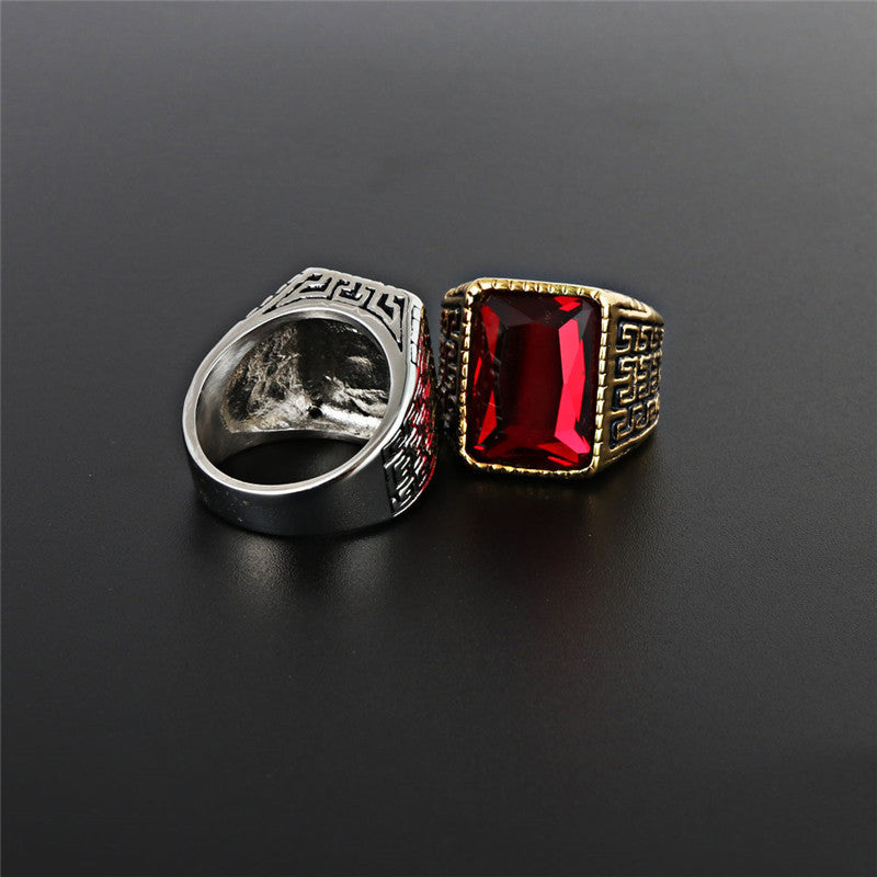 Bold Titanium Steel Ruby Ring with Great Wall Pattern for Men