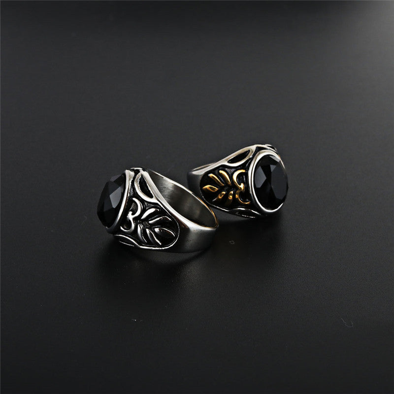 Titanium Steel Punk Rock Agate Ring with Floral Design for Men - Unique Black Jewel Accessory