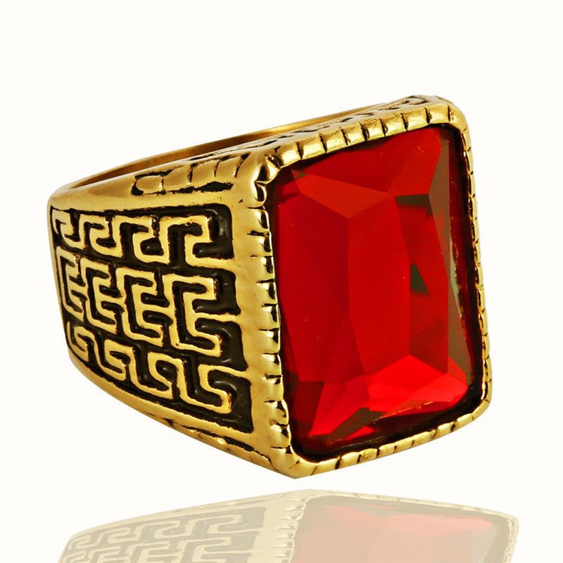 Bold Titanium Steel Ruby Ring with Great Wall Pattern for Men