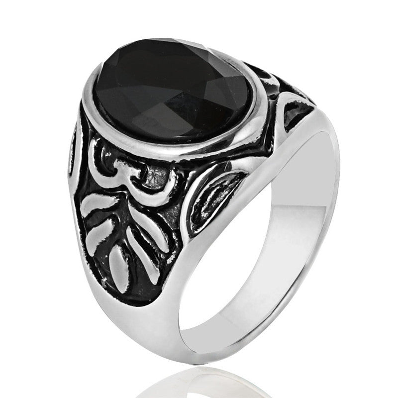 Titanium Steel Punk Rock Agate Ring with Floral Design for Men - Unique Black Jewel Accessory