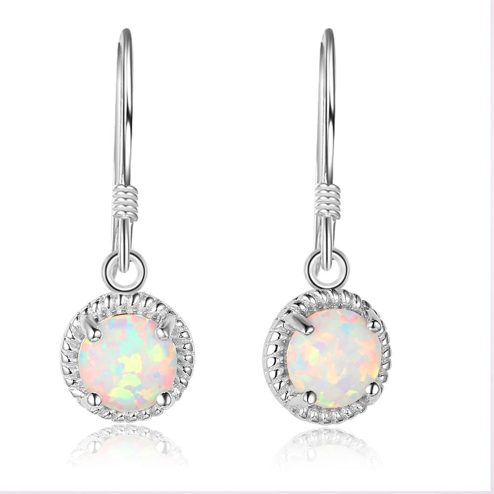 Round Opal Woven Edge Sterling Silver Hook Earrings