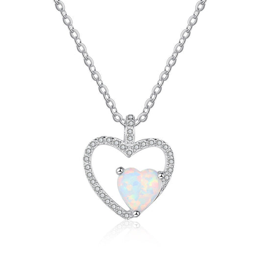 Zircon Hollow Heart Pendant with Heart Shape Opal Sterling Silver Necklace