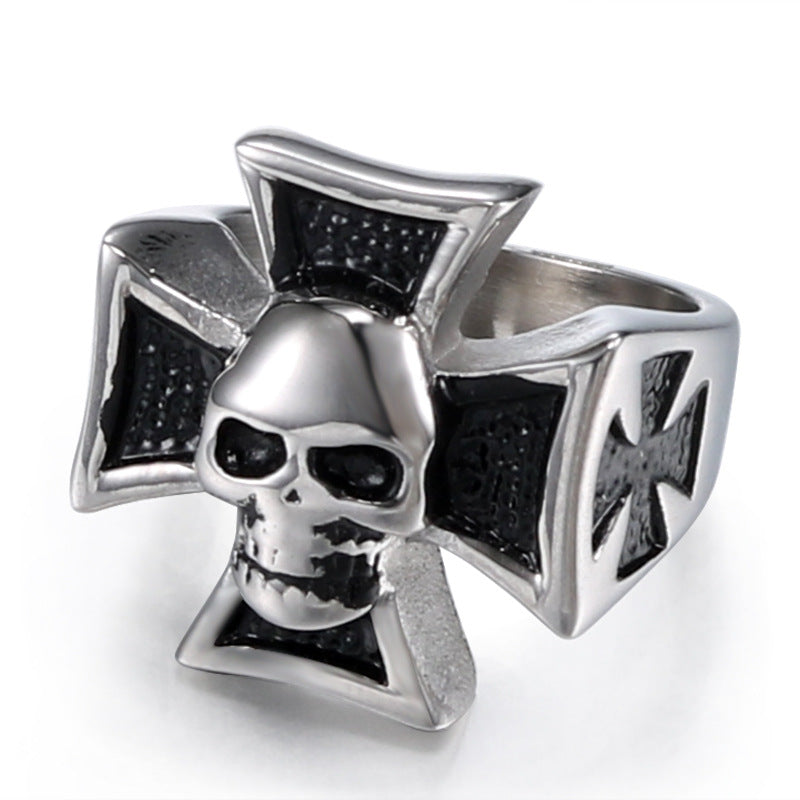 Titanium Steel Cross Skull Ring for Men - Retro European and American Religious Totem Jewelry