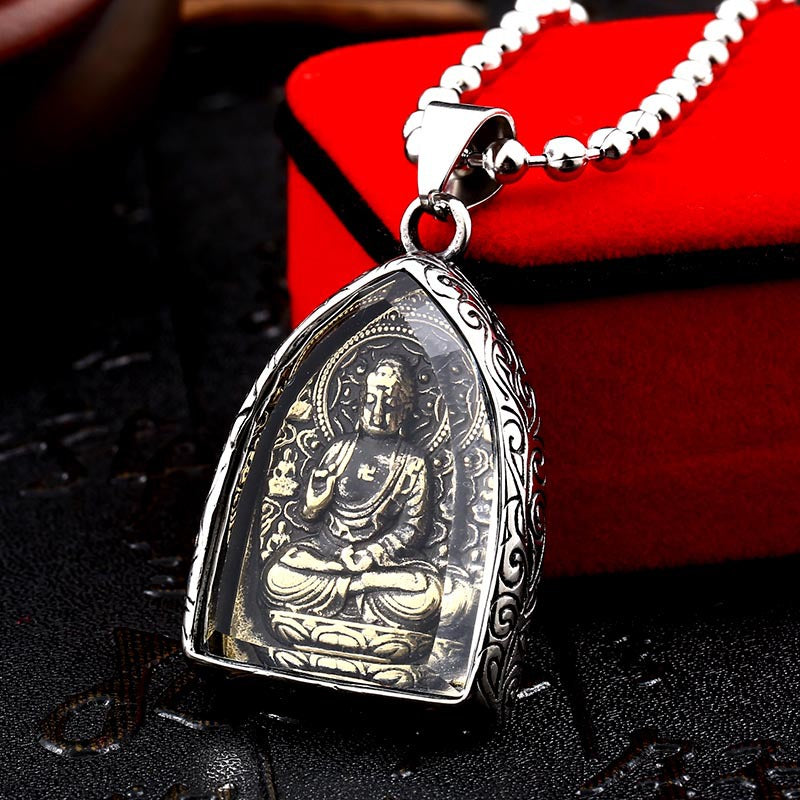 Wholesale Ethnic-Inspired Men's Stainless Steel Buddha Pendant with Crystal Inlay - Retro Style Jewelry for Him