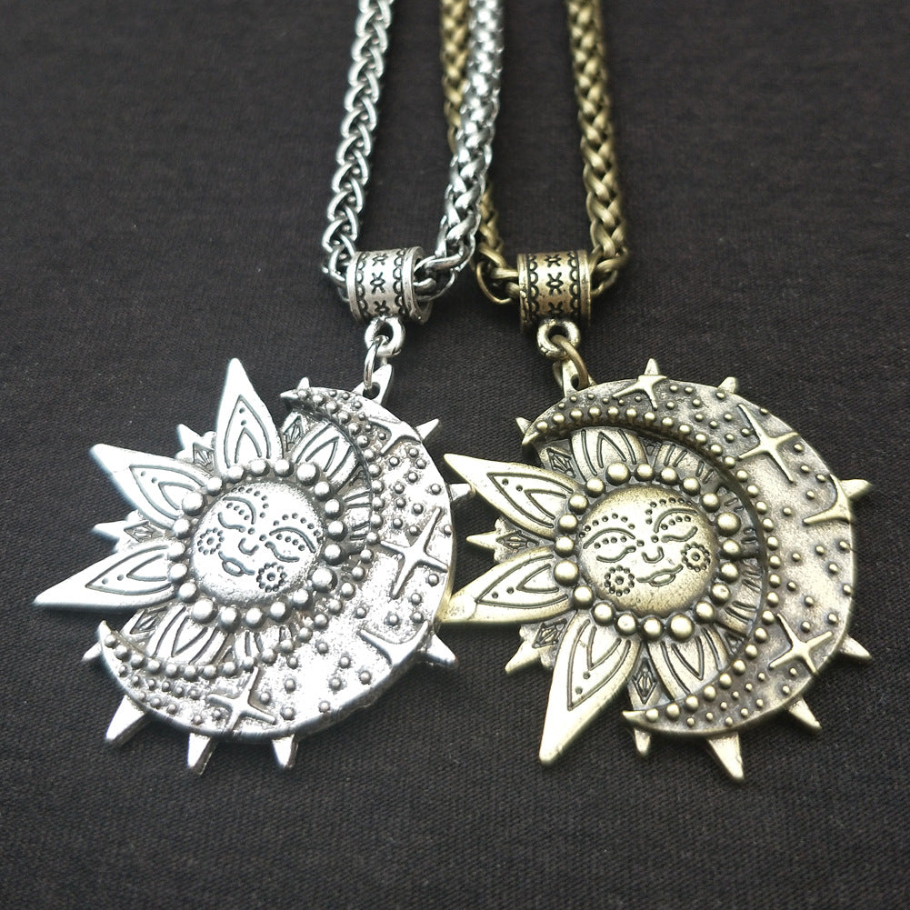 Sun Smiling Face and Celestial Necklace Mandala Flower Pendant Viking Jewelry for Men and Women