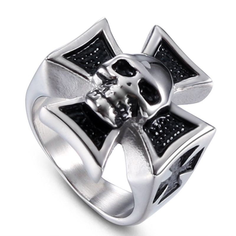 Titanium Steel Cross Skull Ring for Men - Retro European and American Religious Totem Jewelry