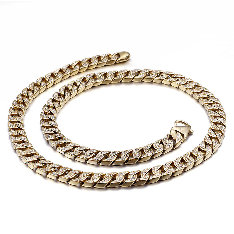 Men's Diamond-Encrusted Gold Cuban Chain Necklace - Hip Hop Stylish Stainless Steel Jewelry for Dominating Looks