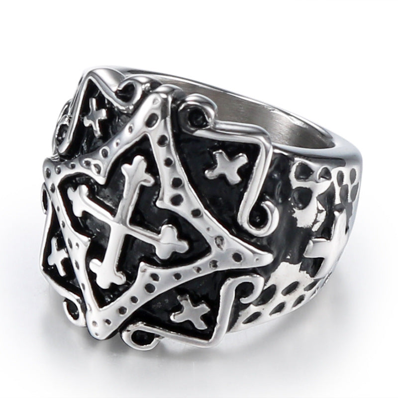 Retro Punk Men's Titanium Steel Cross Ring - European and American Fashion Jewelry