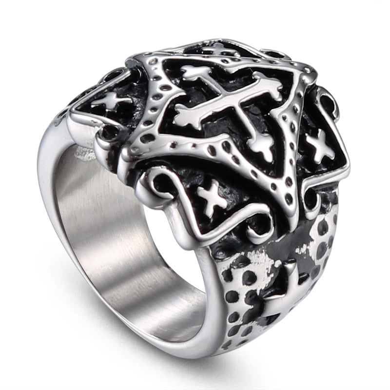 Retro Punk Men's Titanium Steel Cross Ring - European and American Fashion Jewelry