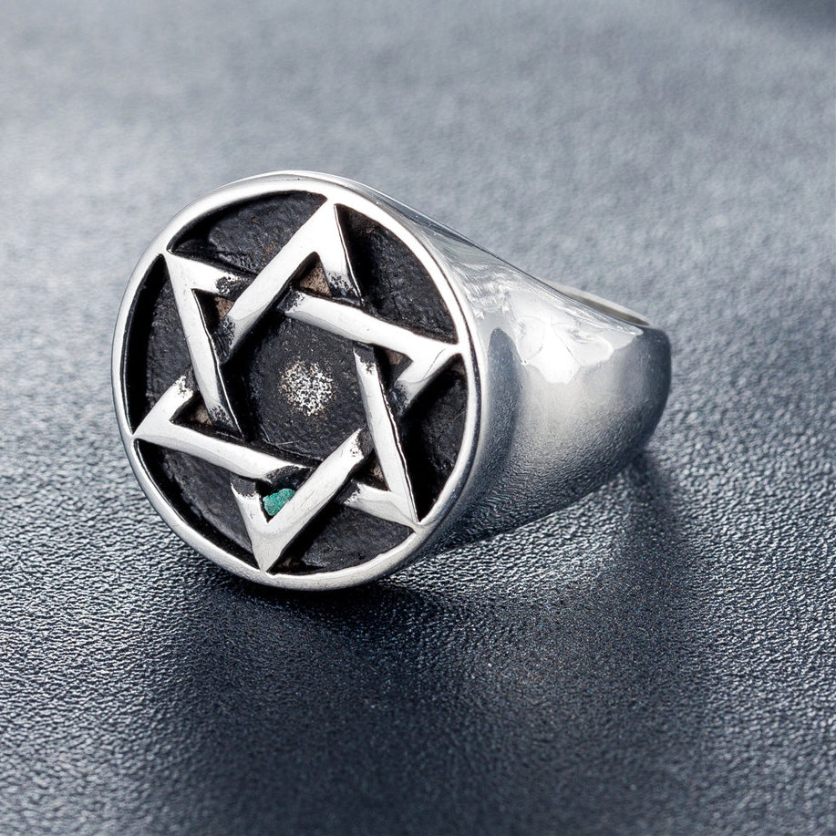 Jewish Hexagram Personality Vintage Titanium Steel Ring for Men