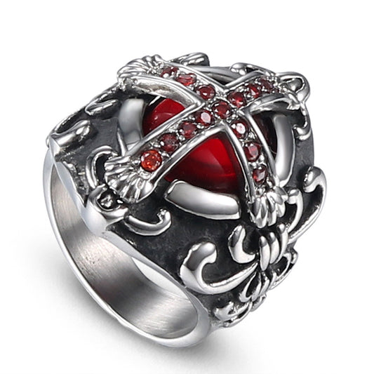 Bold Retro Stainless Steel Ring for Men with Personalized Titanium Cross and Red Stone Accent