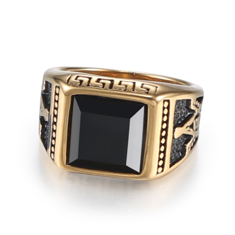 Men's Retro Black Stone Masonic Stainless Steel Ring - Cross-border Fashion Jewelry