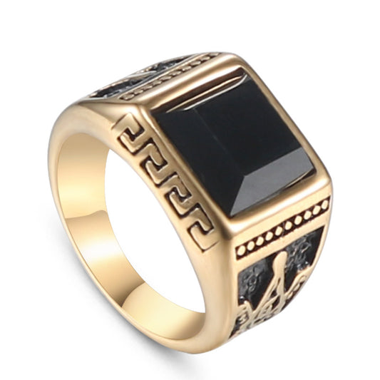 Men's Retro Black Stone Masonic Stainless Steel Ring - Cross-border Fashion Jewelry