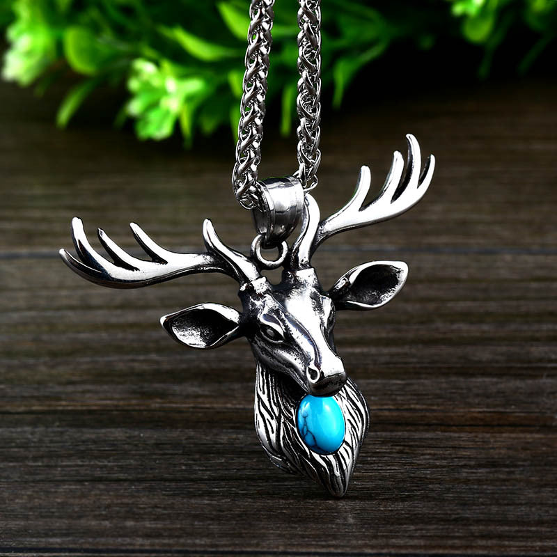 Men's Titanium Steel Pendant with Turquoise Inlaid Christmas Elk Design