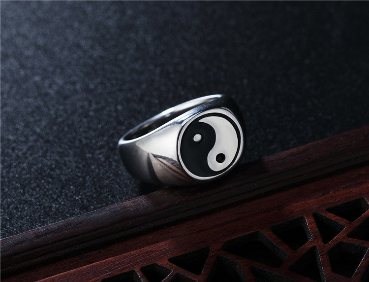 Black and White Yin Yang Men's Titanium Steel Ring - Wholesale Jewelry for Foreign Trade