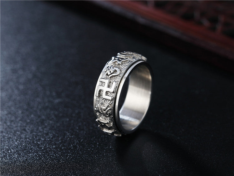 Auspicious Ten Thousand Words Six Character Mantra Men's Titanium Steel Ring