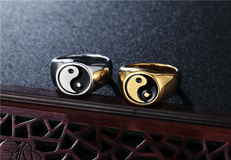 Black and White Yin Yang Men's Titanium Steel Ring - Wholesale Jewelry for Foreign Trade