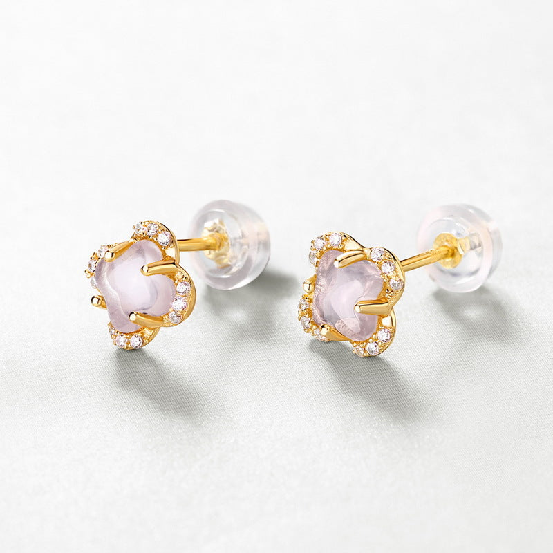 Four Leaves Clover Pink Crystal Silver Stud Earrings