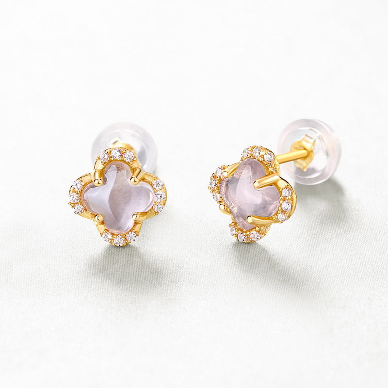 Four Leaves Clover Pink Crystal Silver Stud Earrings