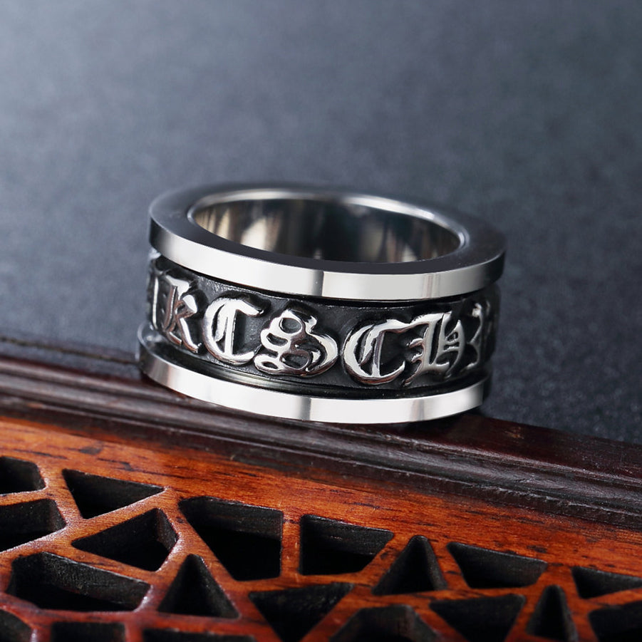 Relief Gothic Text Grooved Turnable Titanium Steel Ring for Men