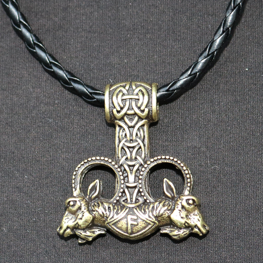 Viking Warrior Thunder Hammer Necklace with Double Sheep Head Pendants