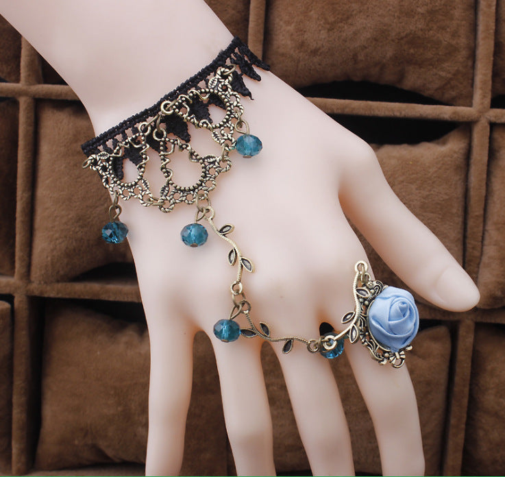 Retro Lace Leaf Rose Blossom Women's Bracelet Ring Bouquet Cuff Jewelry Piece