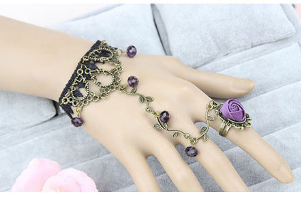 Retro Lace Leaf Rose Blossom Women's Bracelet Ring Bouquet Cuff Jewelry Piece