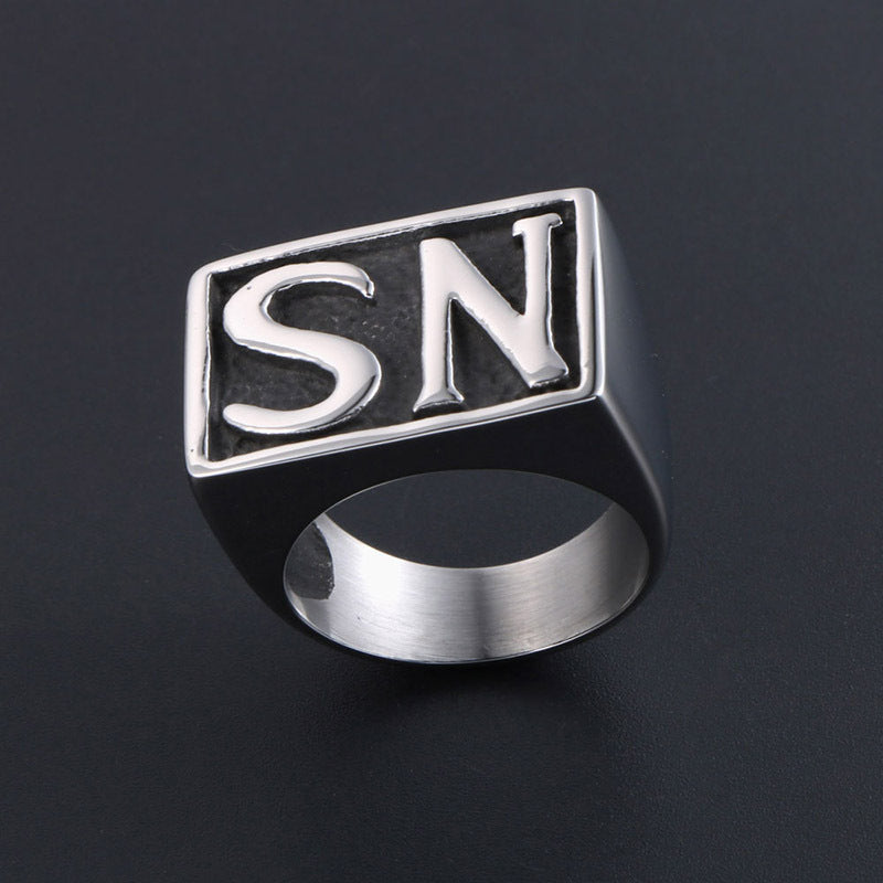 Stylish Personalized Men's Titanium Steel Ring with Dominating SN Character - Business Fashion Accessory