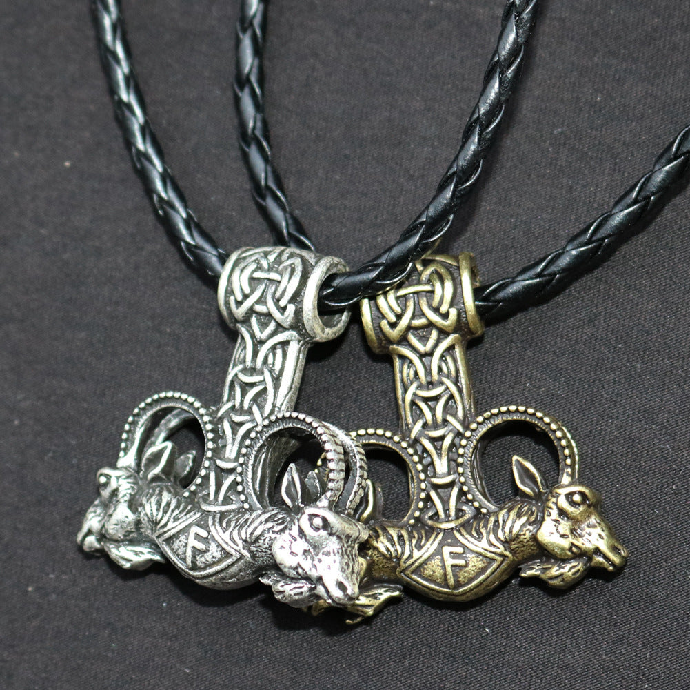 Viking Warrior Thunder Hammer Necklace with Double Sheep Head Pendants