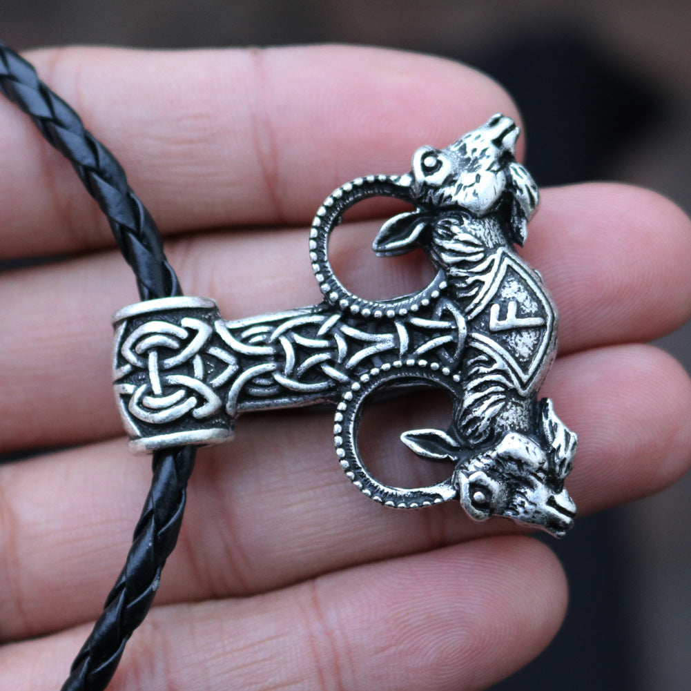 Viking Warrior Thunder Hammer Necklace with Double Sheep Head Pendants